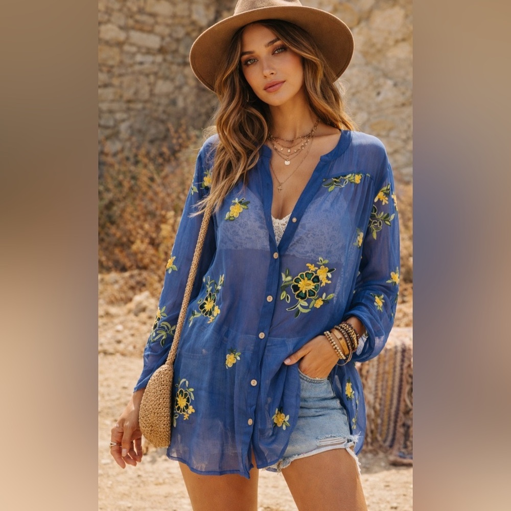 Fig & Flower Blue Sheer Blouse Embroidered Floral Boho Button Front Tunic 2X